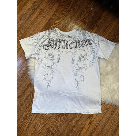 Vintage Y2K Affliction Men’s Distressed White Cross Wings Short Sleeve T Shirt - Picture 2 of 9
